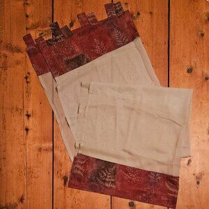 Taupe Sheer Curtains with Top & Bottom Borders in Burgundy with Ferns (set of 2)